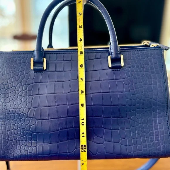 MCM Navy Crocodile Embossed Satchel with Gold Studs - Picture 8 of 11